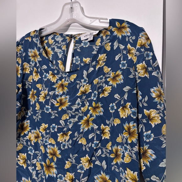 Amour Vert Teal Tunic with Yellow Floral Print Small 100% Silk - Picture 3 of 6